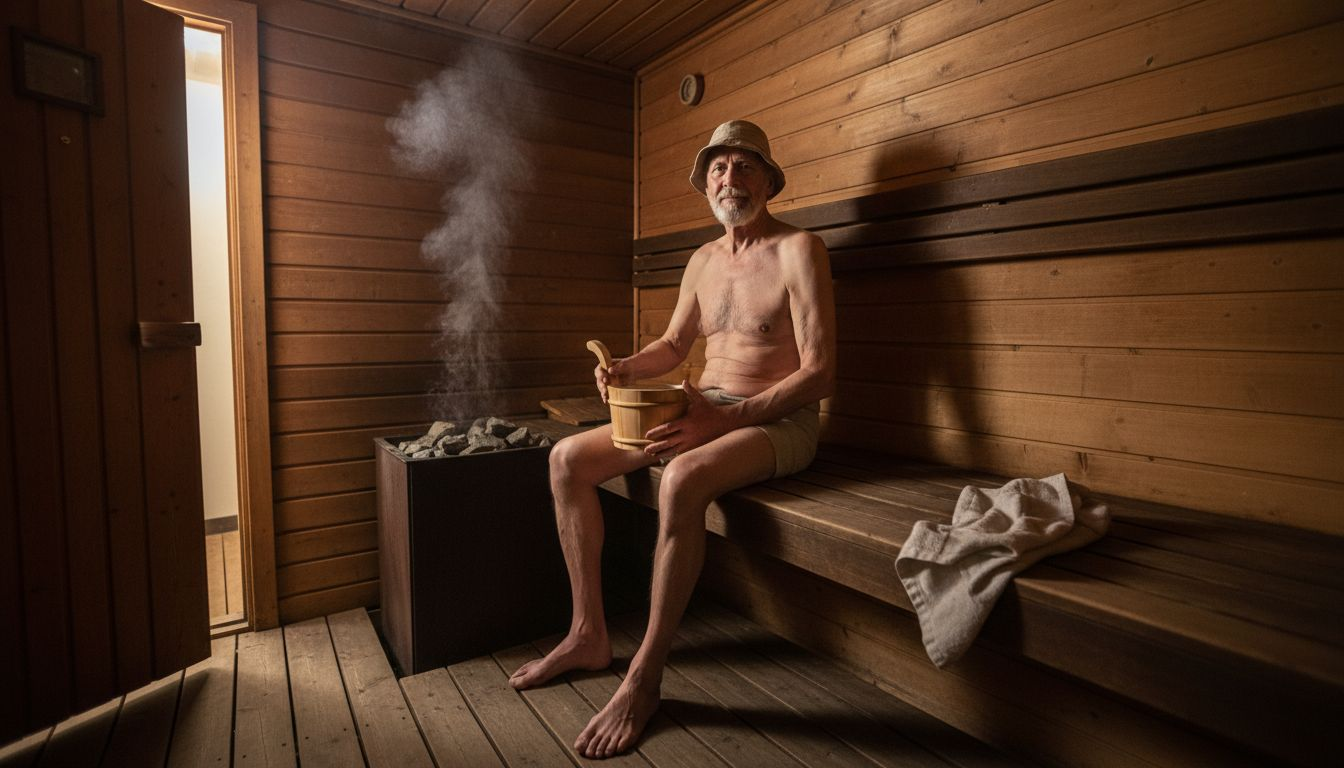 Ein älterer Herr genießt die entspannende Atmosphäre einer traditionellen finnischen Sauna.