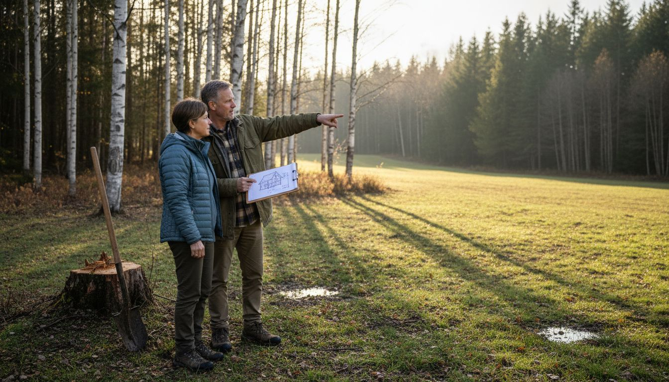 Couple reviewing Finnish log cabin site plans