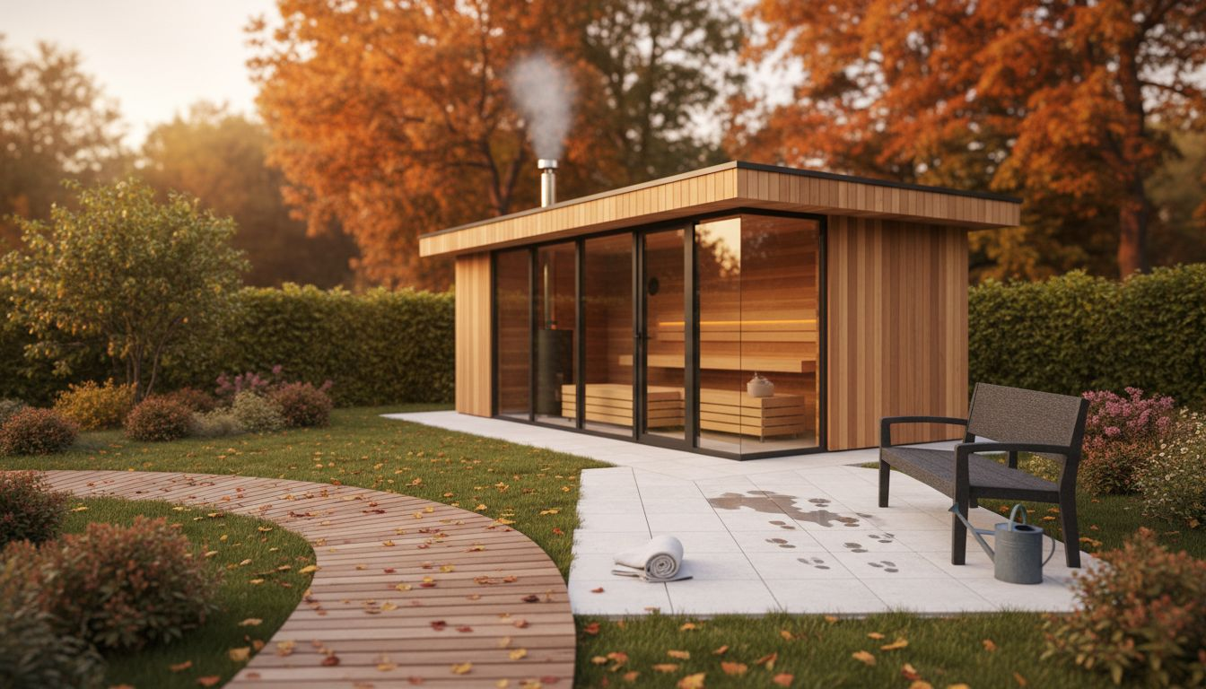 Blick auf das Saunahaus im Garten – harmonisch eingebettet zwischen Blumen und grünen Pflanzen.