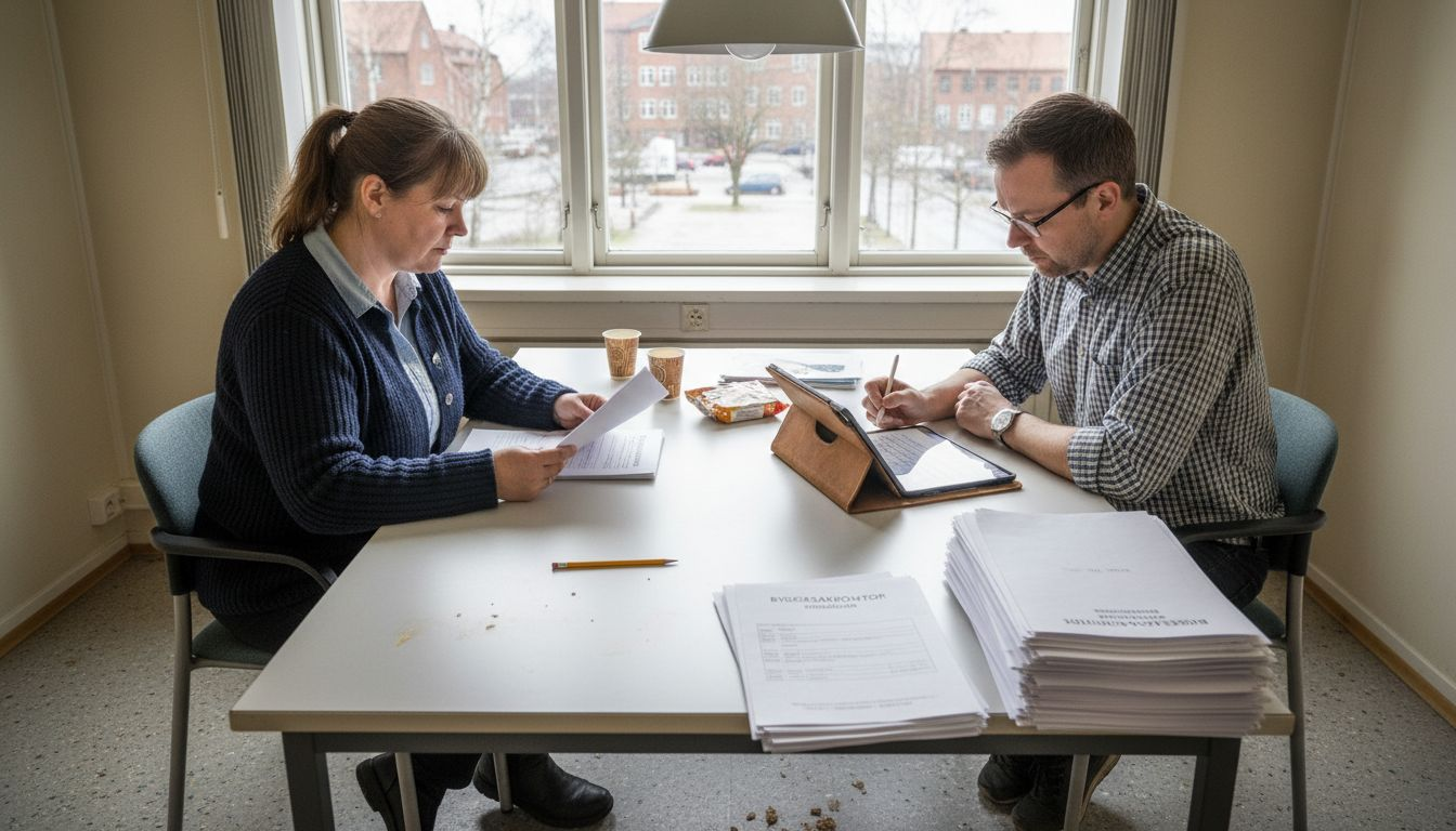 En saksbehandler på byggesak går gjennom hytteplanene sammen med kollegaer på kommunehuset.