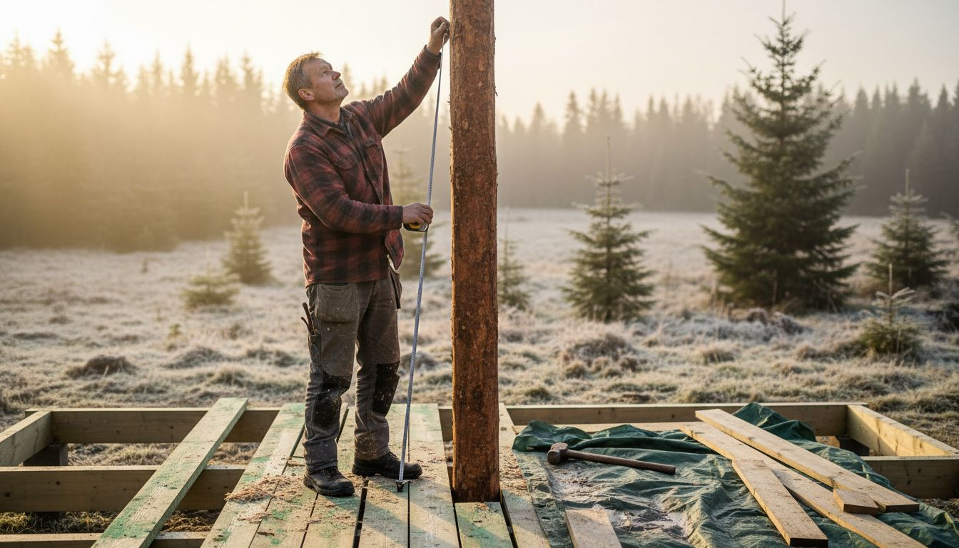 En snickare jobbar med finskt trä ute på bygget.