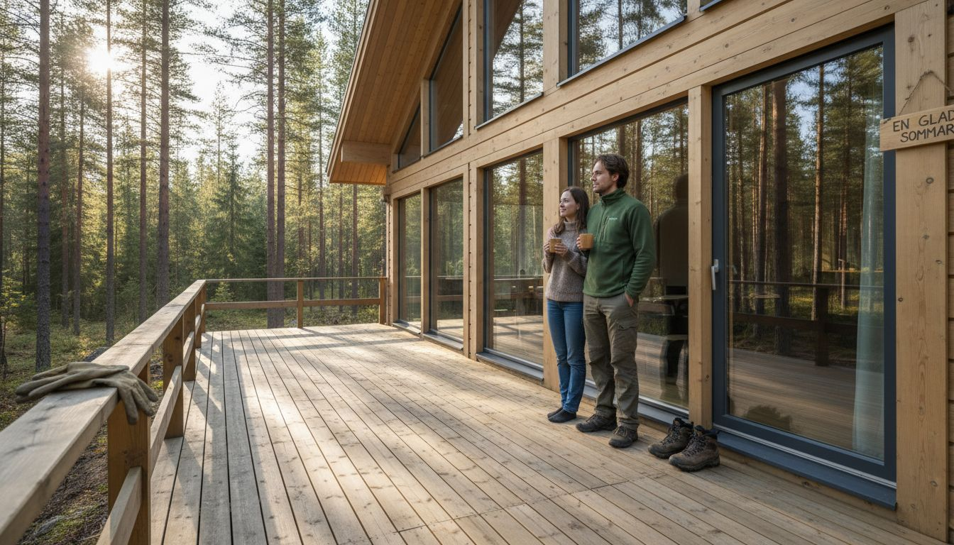 Ett par njuter av sommarkvällen på altanen till sitt finska trähus vid vattnet.