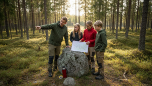 Familien vurderer å bygge hytte og diskuterer ulike muligheter sammen.
