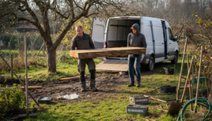 Zwei Männer schleppen Holzbretter für die Sauna quer durch den Garten.