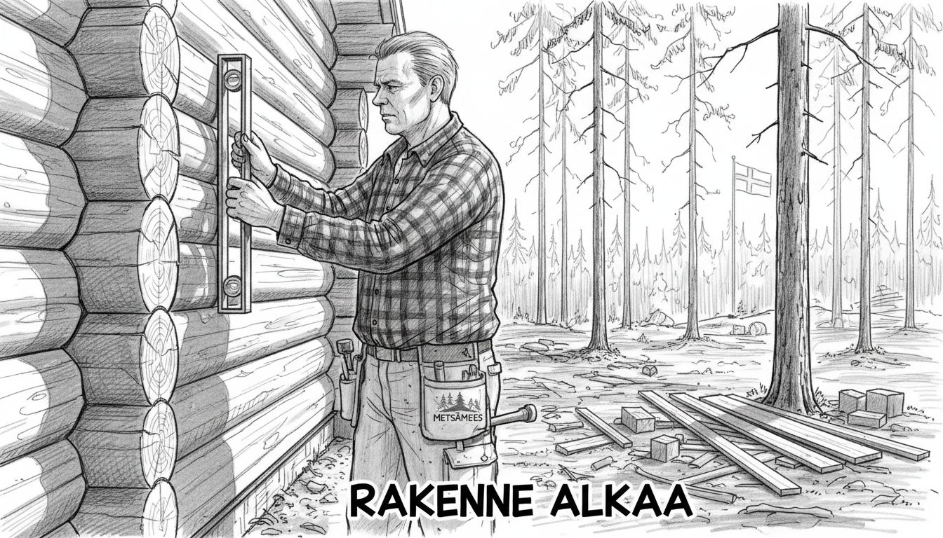 Rakentaja mittailee ja asettelee hirsiä paikalleen hirsitalon työmaalla.