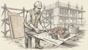 Työmaalla rakennusmestari tarkistaa ja vertailee eri rakennusmateriaalien ominaisuuksia, jotta valitaan kohteeseen parhaiten sopivat vaihtoehdot.