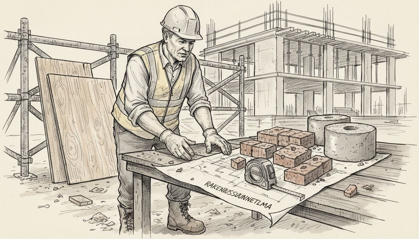 Työmaalla rakennusmestari tarkistaa ja vertailee eri rakennusmateriaalien ominaisuuksia, jotta valitaan kohteeseen parhaiten sopivat vaihtoehdot.