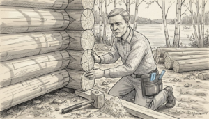 Puuseppä tarkistaa saunan hirsiseinän nurkkaliitosta.