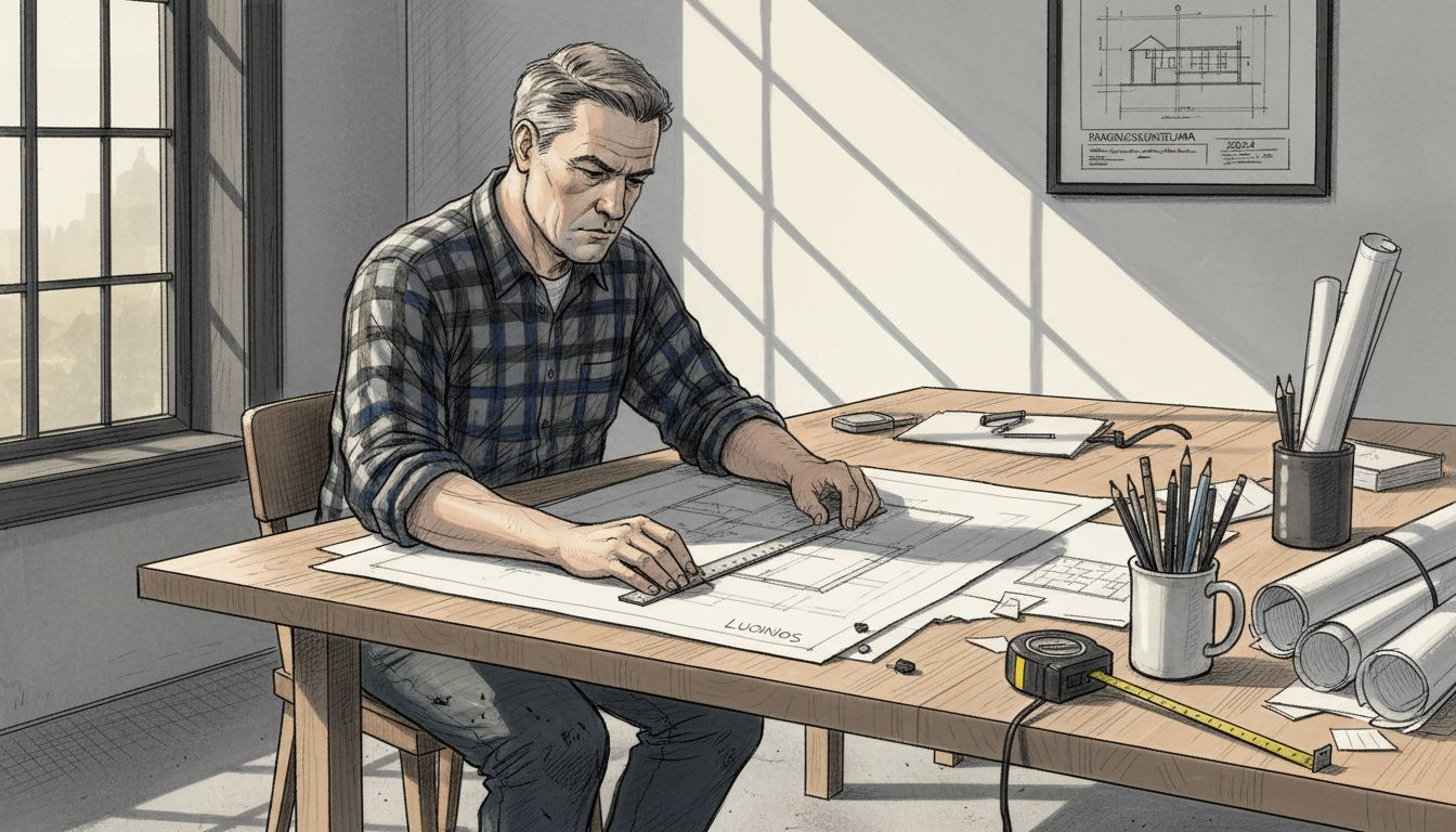 Arkkitehti tutkii rakennuspiirustuksia työpöytänsä ääressä.