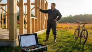 Familie baut eigenes Holzhaus auf Baustelle