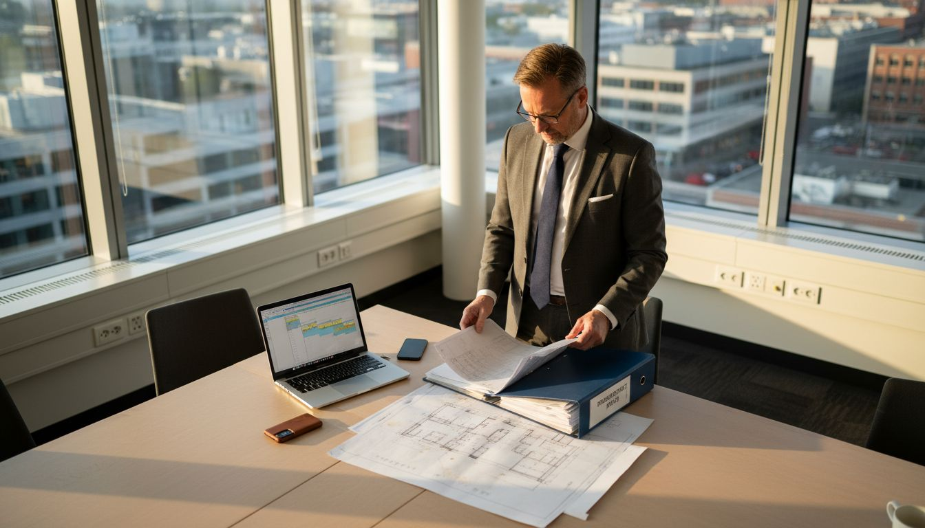 En projektledare går igenom byggplanerna på kontoret