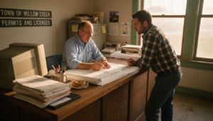 Official reviews log home permit with builder