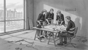 Rakennusprojektin tiimi kokoontui työmaalle suunnittelupalaveriin.