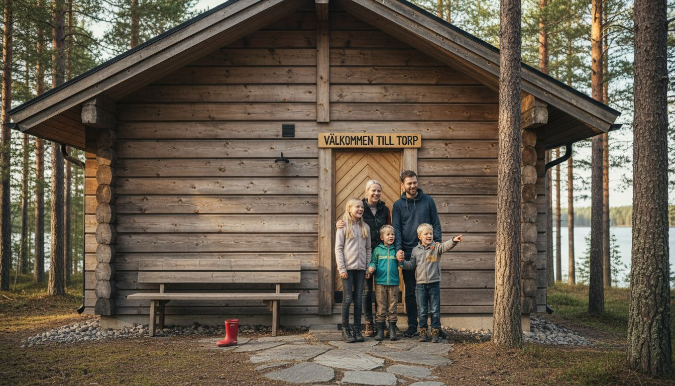 En familj njuter av tiden tillsammans utanför ett modernt semesterhus i trä, någonstans i de finska skogarna.