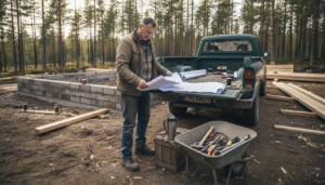 Builder reviews villa plans at timber site