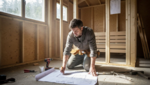 In seiner Werkstatt wirft ein Heimwerker einen genauen Blick auf den Bauplan für seine eigene Sauna.