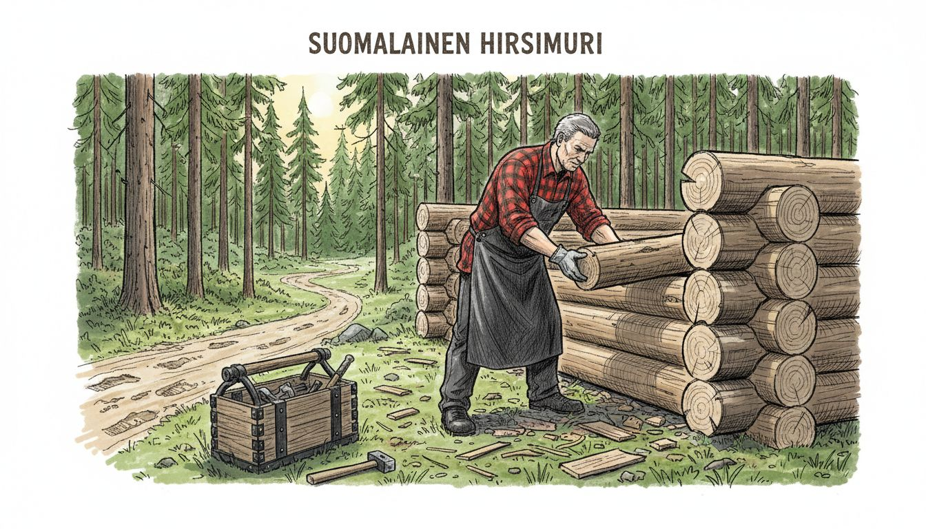 Taitava käsityöläinen rakentaa hirsiseinää keskellä suomalaista metsää.