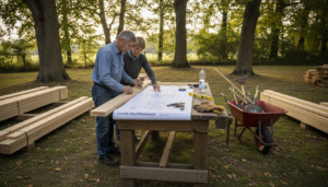 Ein Paar begutachtet im Freien gemeinsam die Pläne für den Bau ihrer neuen Sauna.