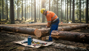 På en tomt mitt i skogen sätter byggarbetare upp ett timmerhus.