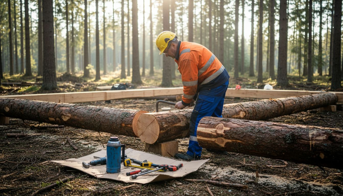 På en tomt mitt i skogen sätter byggarbetare upp ett timmerhus.
