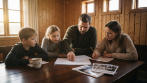 En familie sitter rundt spisebordet og legger planer for å bygge en tømmerhytte sammen.