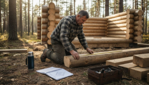 Craftsman building log sauna in forest