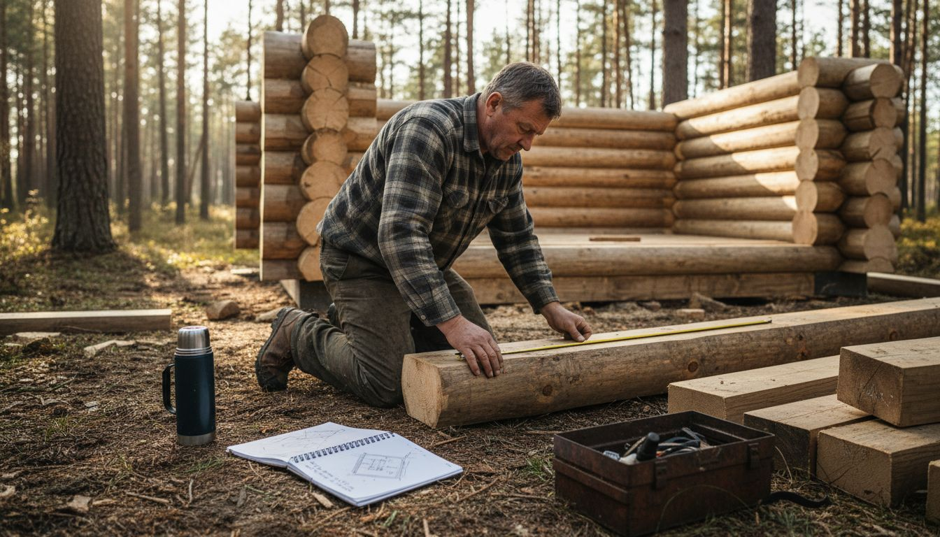 Craftsman building log sauna in forest