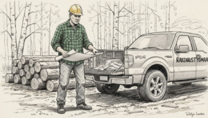 Työmaapäällikkö tarkistaa piirustuksia hirsirungon toimituksen yhteydessä.