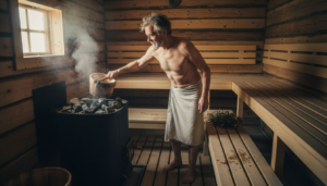 Ein Finne gießt Wasser auf die heißen Steine in der Sauna.