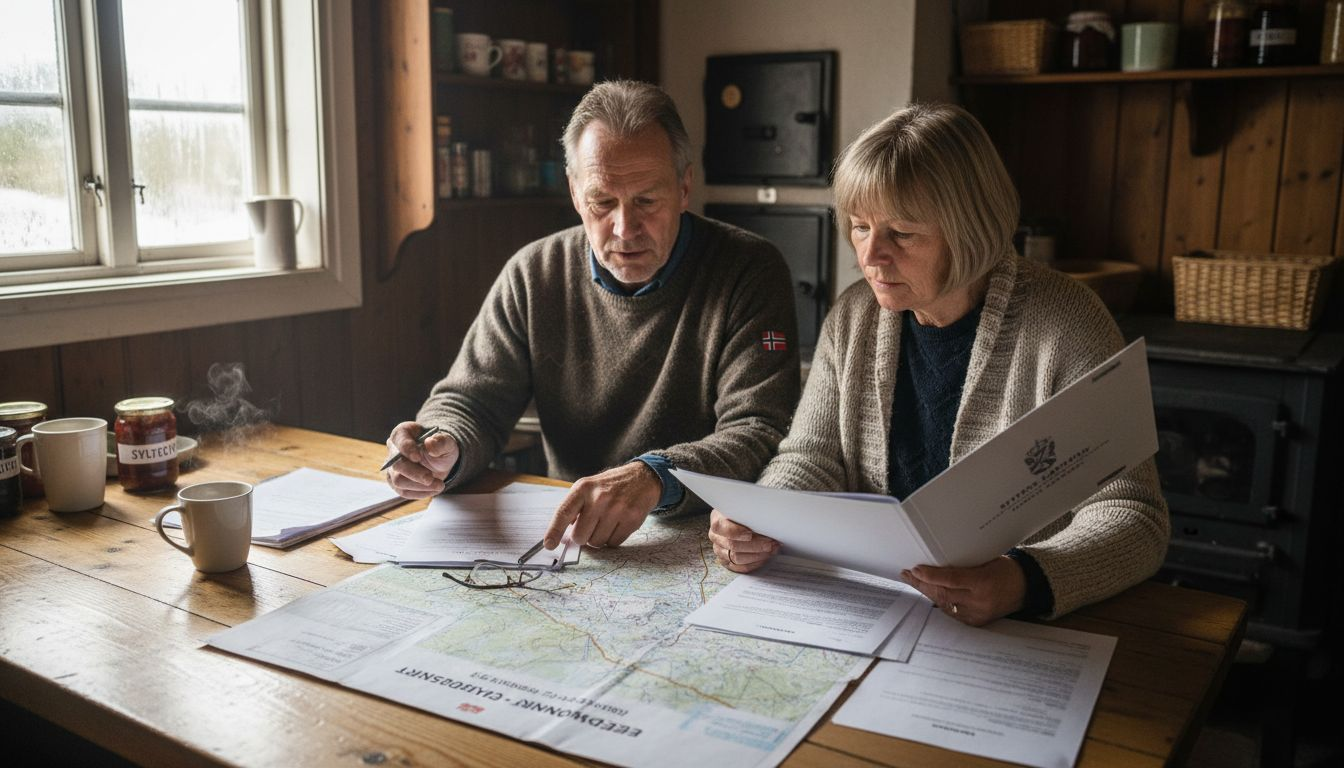 Et par sitter sammen og ser gjennom papirer i forbindelse med byggesøknaden.