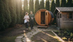 Couple approach backyard cedar barrel sauna