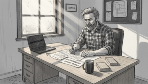 Puurakennusalan ammattilainen käy läpi tarjousasiakirjoja työpöytänsä ääressä.