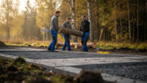 En snickare håller på att bygga en bastu direkt på en grusad yta.