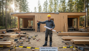 Der Bauleiter begutachtet den Fortschritt der modernen Holzvilla direkt vor Ort.