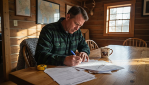 Man reviewing log house permit documents