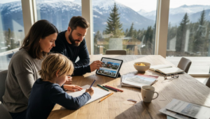 Familien legger planer for hyttedrømmen rundt kjøkkenbordet