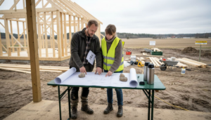 Ett par går igenom budgeten för sitt trähusbygge utanför huset.