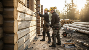 Dyktige tømrere setter opp tradisjonelle byggverk i laftet tømmer.