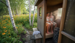 Couple relaxing in outdoor Finnish sauna setting