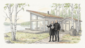 Pariskunta nauttii yhdessä olosta modernilla järvenrantamökillä ja saunassa.