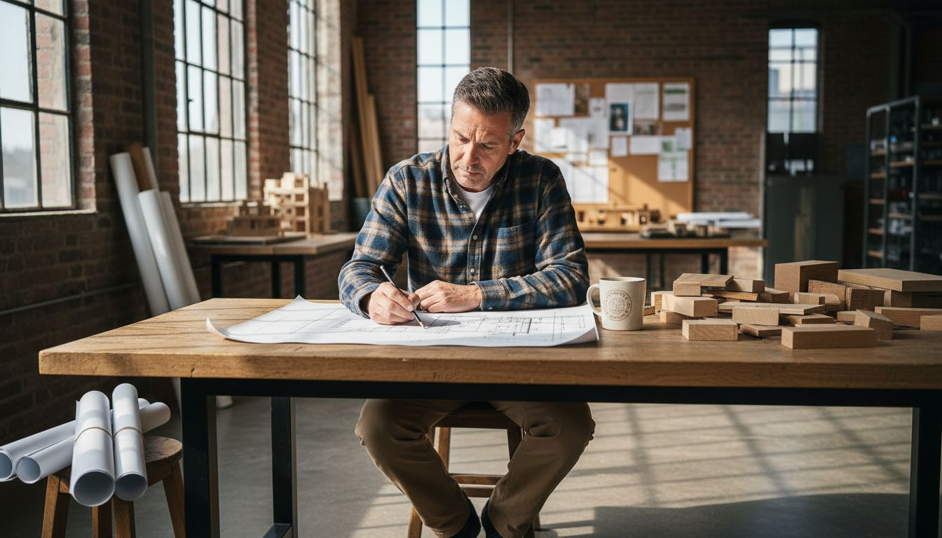 Ein Bauherr sitzt am Schreibtisch und entwirft Baupläne für ein Holzhaus.
