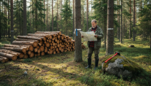 Finnish forester with log stack in forest