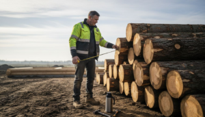 En byggmästare går runt och granskar ett timmerhus som håller på att byggas.