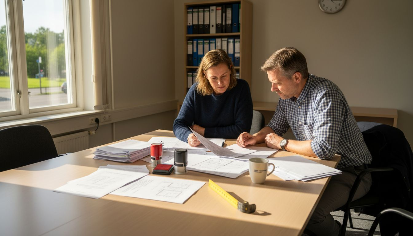 Saksbehandleren og søker går gjennom byggetegningene sammen for å se om alt er i orden.