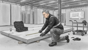 Tehdastyöntekijä tarkastamassa elementtiseinää tuotantohallissa