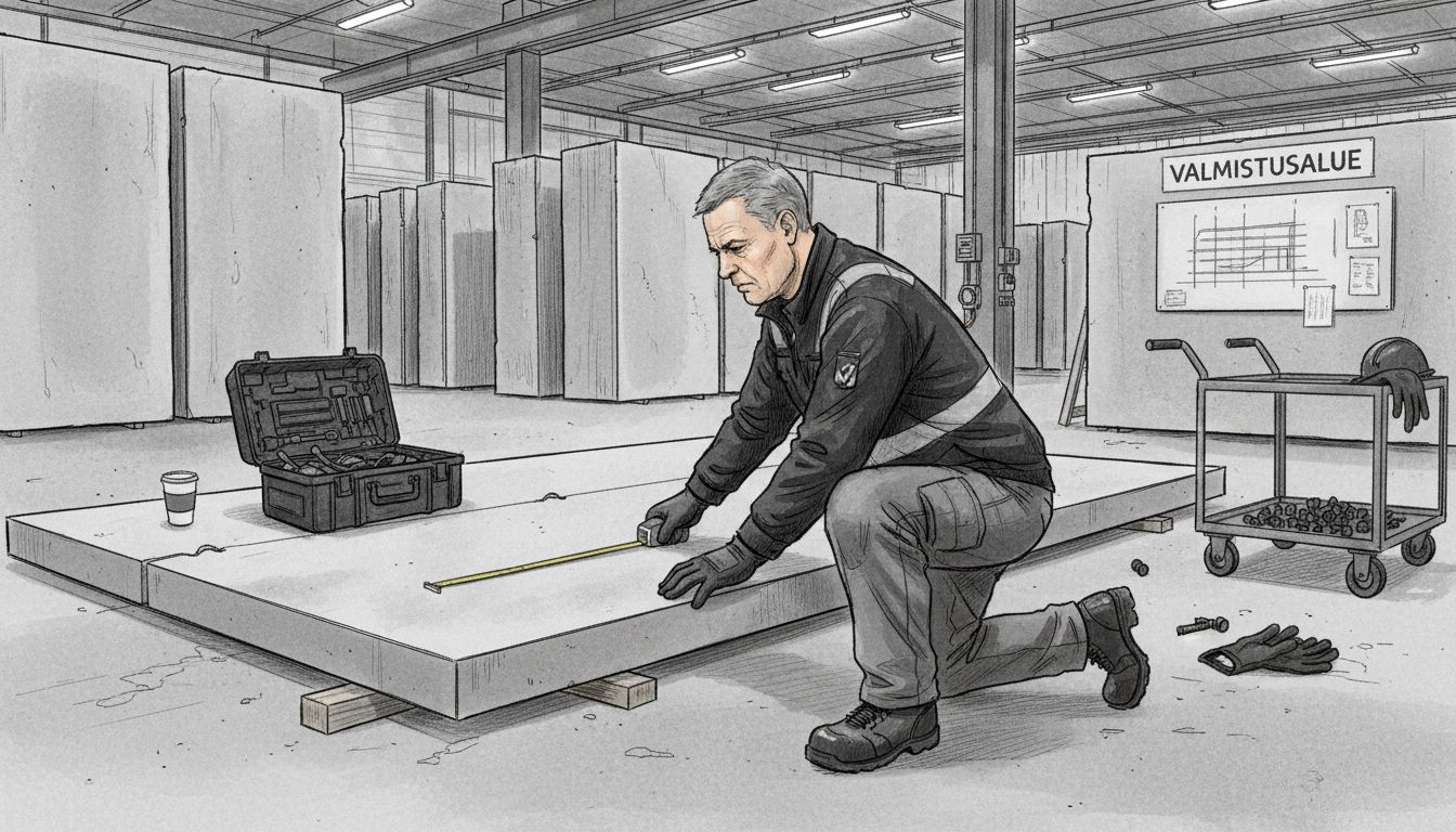 Tehdastyöntekijä tarkastamassa elementtiseinää tuotantohallissa