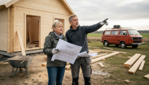 Ein Bauherrenpaar begutachtet mit Bauzeichnungen in der Hand die Baustelle ihres zukünftigen Blockhauses.