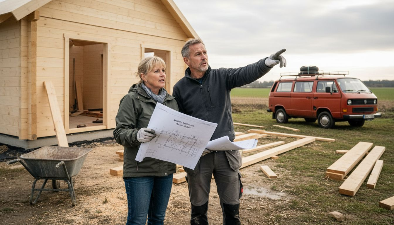 Ein Bauherrenpaar begutachtet mit Bauzeichnungen in der Hand die Baustelle ihres zukünftigen Blockhauses.