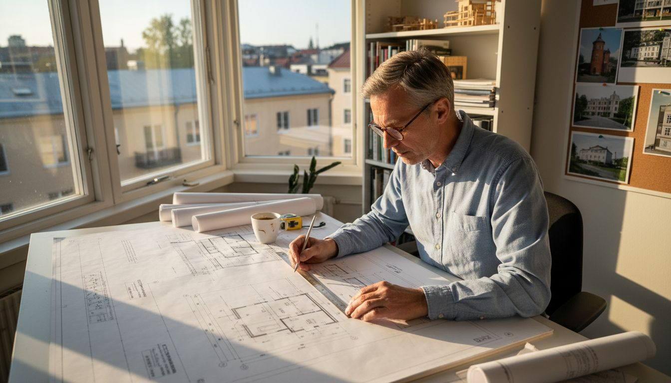 En arkitekt går noggrant igenom byggnadsritningar vid ett ljusbord.