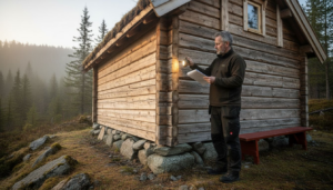 En tømrer i arbeid ved et tradisjonelt laftehus, omkranset av norsk skog.